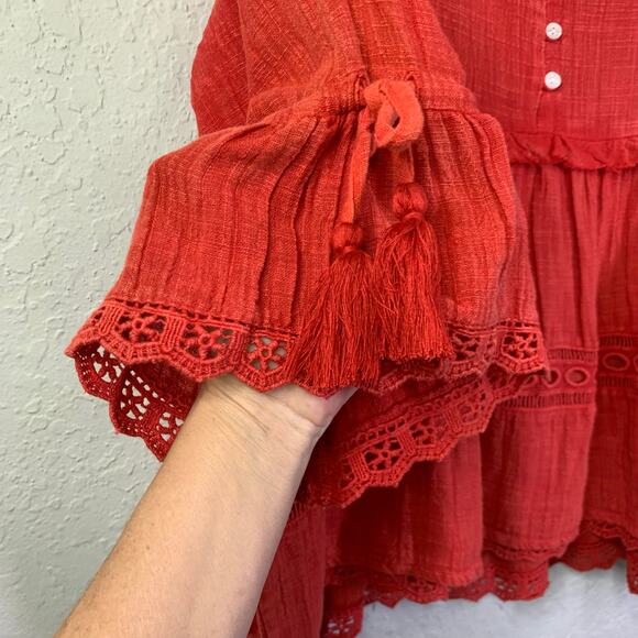 BOHERA Blouse XL Boho Shirred Ruffle Tiered Pinkilicious V-Neck Lace & Beads NWT - Picture 9 of 15
